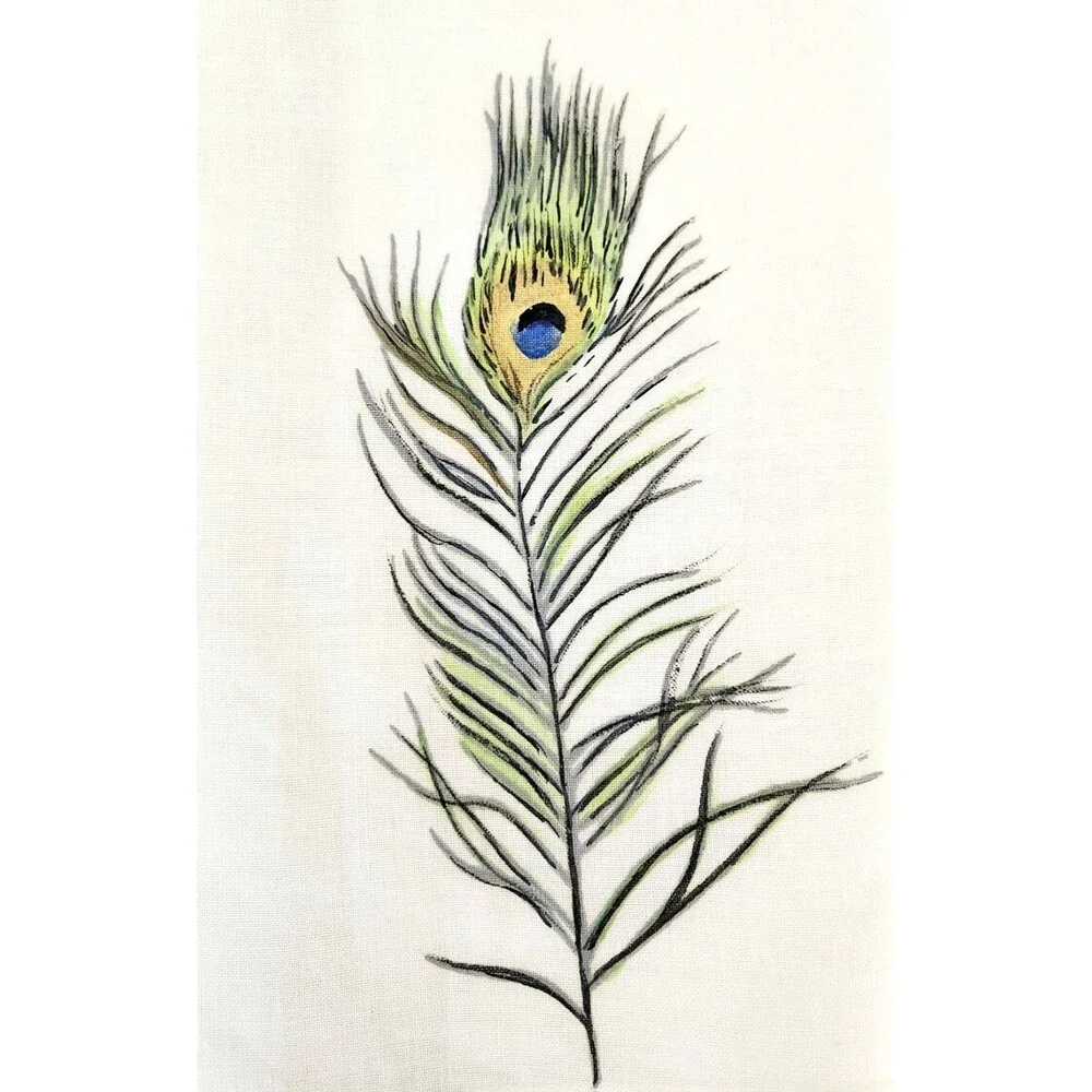 2 VTG Guest Fingertip Tea Towels Hand Painted Peacock Feathers Cottagecore #02